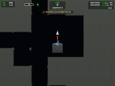 Flying the daily labyrinth level: the lander lifts off with a translucent ghost of the earlier best run beside it.