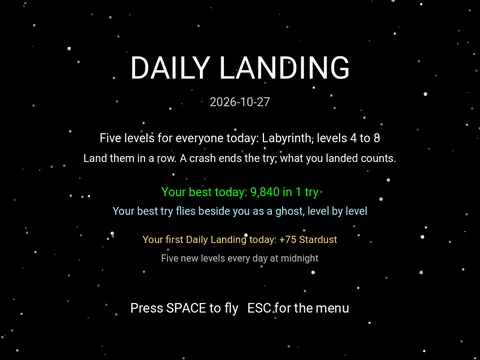 Daily Landing start screen: five levels for everyone today, Labyrinth levels 4 to 8; your best today 9,840 in one try; your best try flies beside you as a ghost, level by level; your first daily landing today is worth 75 Stardust.