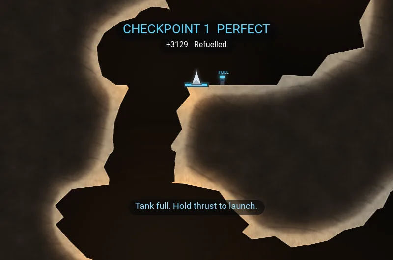 Endless Expedition: the lander rests on a blue checkpoint beside its fuel pump in a pale limestone cave. Checkpoint 1 of 3, perfect, refuelled; tank full, hold thrust to launch.