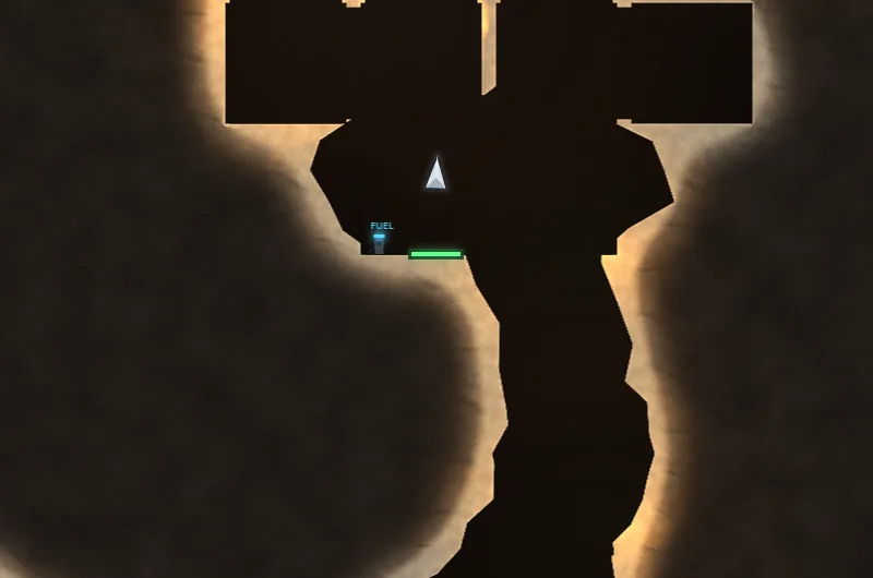 Endless Expedition, deeper: the cave has turned into straight maze passages; below the lander, the next green checkpoint and its fuel pump, where the cave opens again.