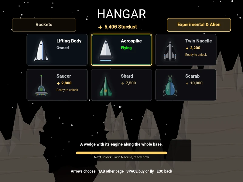 The Hangar, Experimental and Alien page: Lifting Body, Aerospike, Twin Nacelle, Saucer, Shard and Scarab.