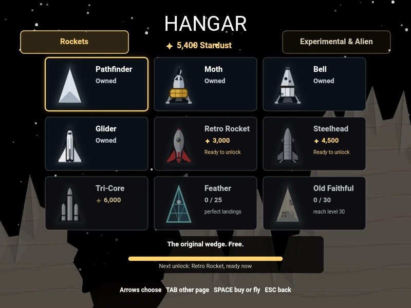 The Hangar, Rockets page: nine ships including Pathfinder, Moth, Bell, Glider, Retro Rocket, Steelhead, Tri-Core, Feather and Old Faithful, with Stardust prices and unlock goals.