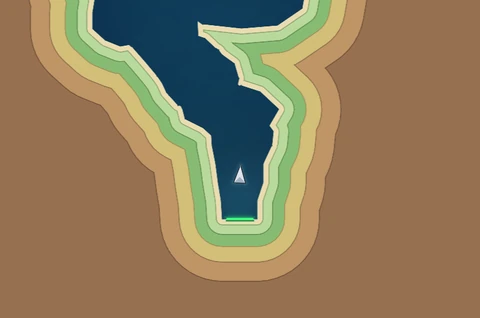 Endless Cavern in the Shoreline Atlas world: the lander inside a narrow, winding cave drawn like a lake on an old map, with the pad at the bottom.