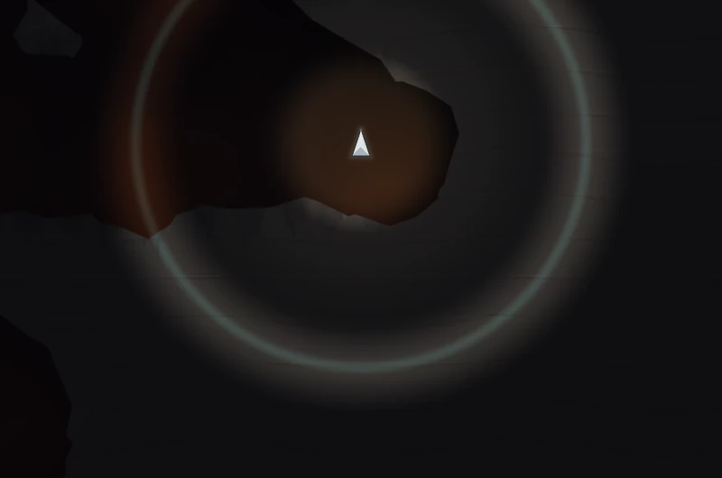 Night Descent: a dark cavern lit only by the lander's warm lamp, with a sonar ring sweeping out across the rock.