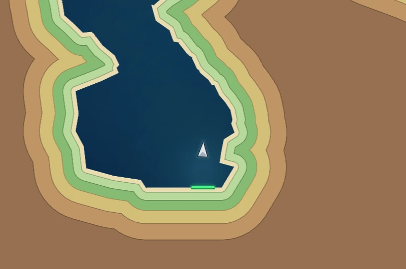 Shoreline Atlas, Cavern: a deep cave drawn as a blue lake ringed by bands of sand and moss, the lander hovering over a glowing pad.