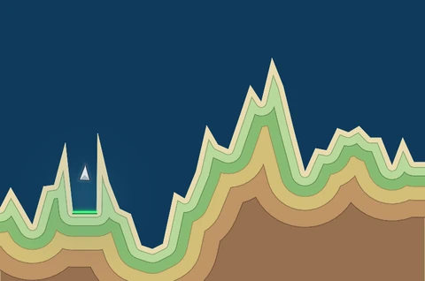 Shoreline Atlas, Surface: mountains drawn as coastline contours, the lander settling into a narrow notch.