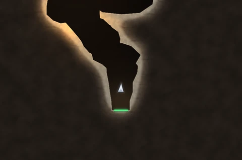 Endless Expedition: a narrow limestone shaft with warm glowing edges, the lander dropping to the pad at its bottom.