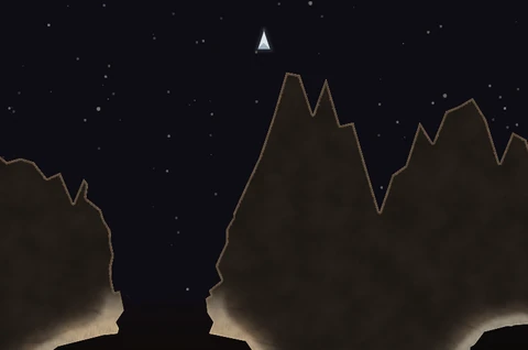 Endless Expedition start: the lander high above pale limestone ridges, with the cave mouth opening below.