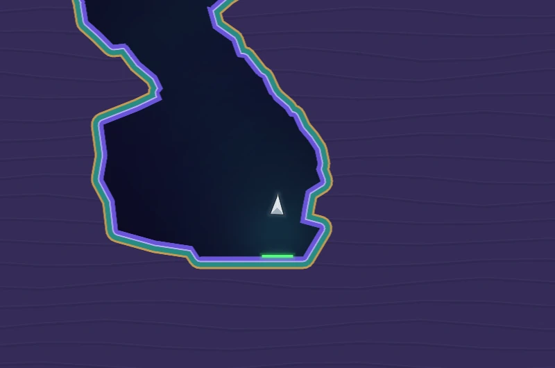 Geode, Cavern: a cave outlined in glowing violet, teal and gold crystal seams, the lander above a green pad.