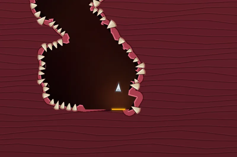 The Beast's Maw, Cavern: a dark throat of red flesh-like rock lined with pale teeth, the lander dropping toward an amber pad.